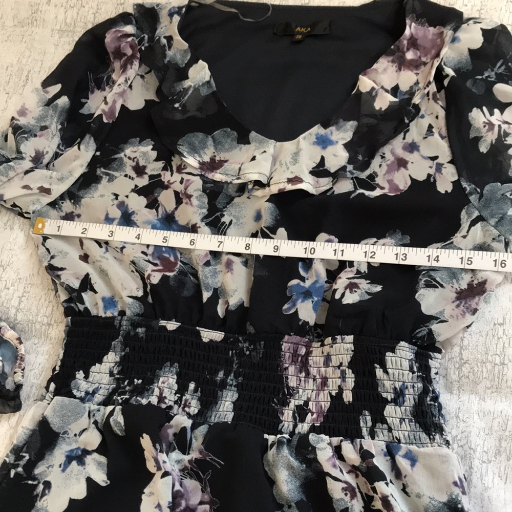 AKA Floral Mini Dress, Sapphire Blue Dress with Tiered Ruffles; Long Sleeve; XS - Picture 11 of 16